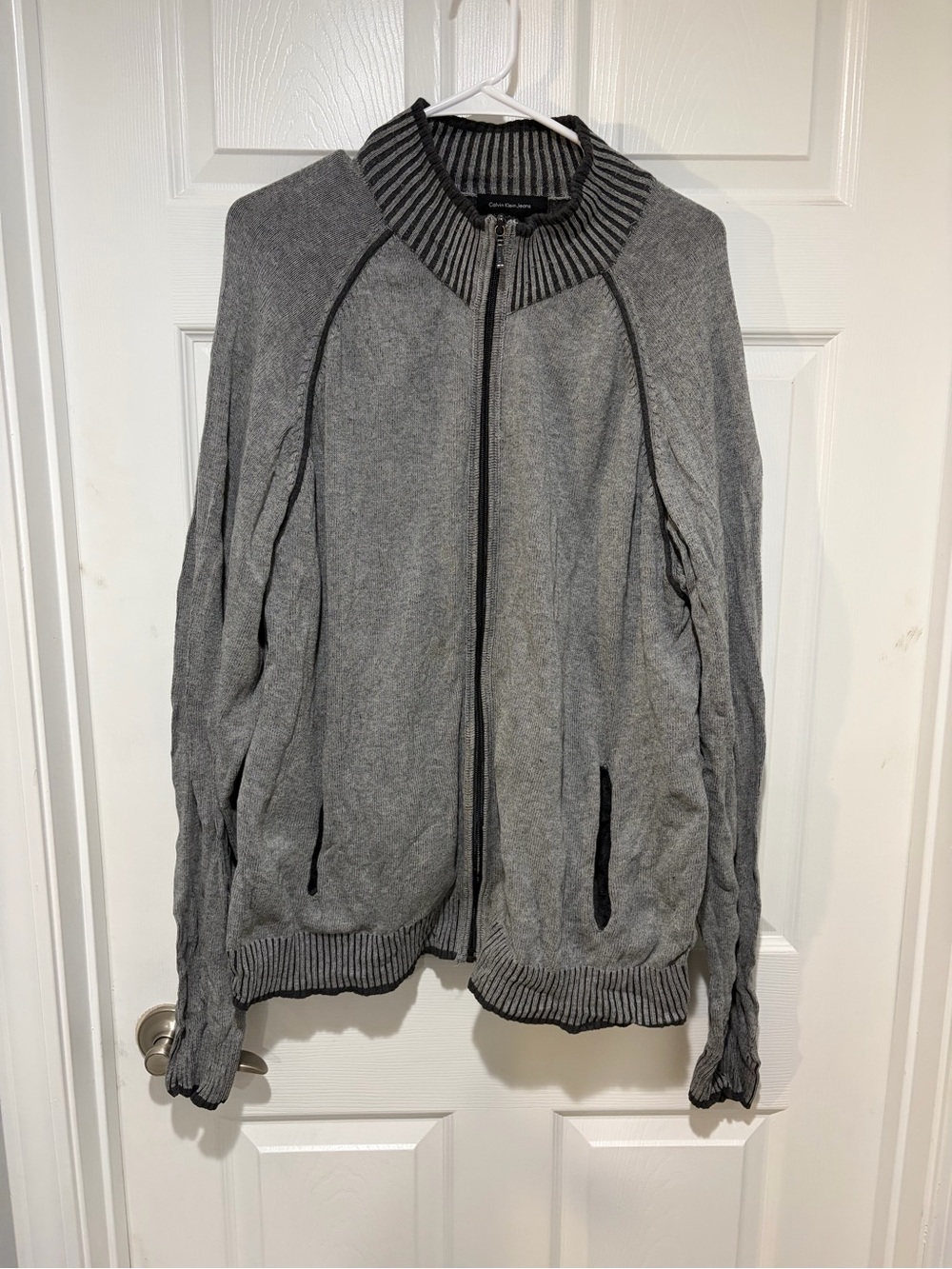 CALVIN KLEIN JEANS Gray Full-Zip 100% Cotton Knit Sweater
